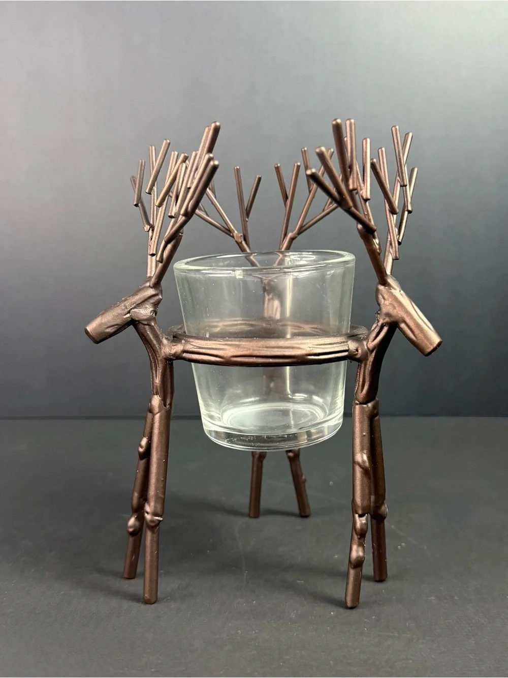 Yankee Candle Deer Votive Candle Holder Bronze Brown Metal Clear Glass Antlers